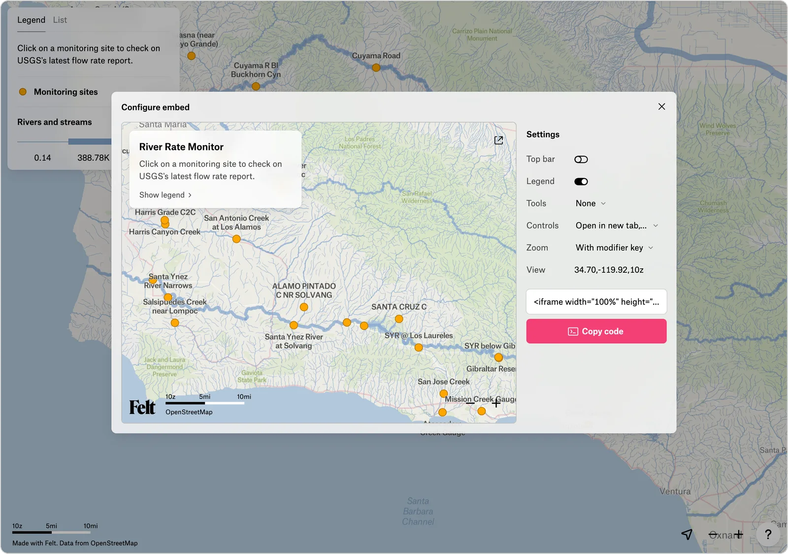 Configure embed dialog with a live preview of the River Rate Monitor map, the Settings section, and Copy code.