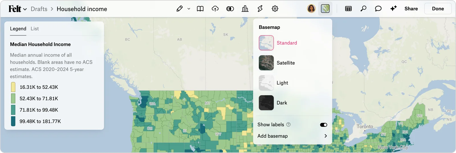 Basemap menu open from the toolbar, listing Standard, Satellite, Light, and Dark, with a Show labels switch and Add basemap.